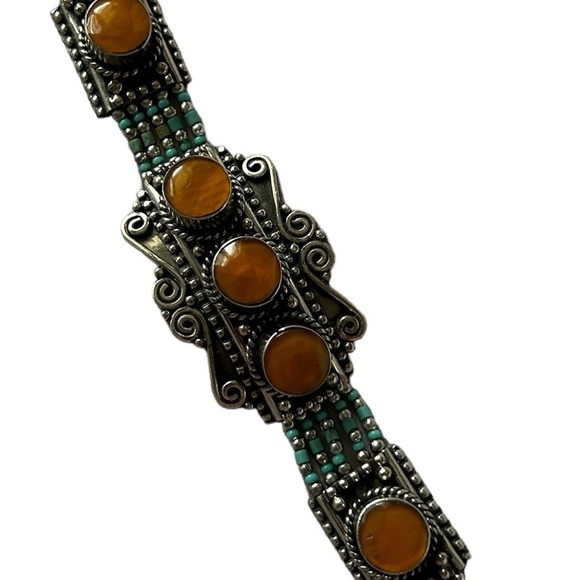 NEW Handmade Tibetan Silver with Genuine Coral & Turquoise Bracelet. - Picture 6 of 9